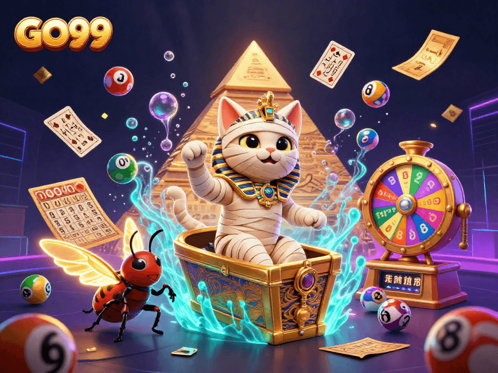 Engage in exciting lottery games with GO99 featuring vibrant 3D characters amidst dynamic casino elements.
