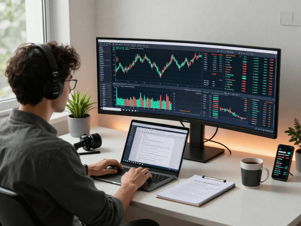 分析TradingView行情的现代交易员在家中办公室，显示器上多个加密货币图表，桌上有咖啡和笔记本。