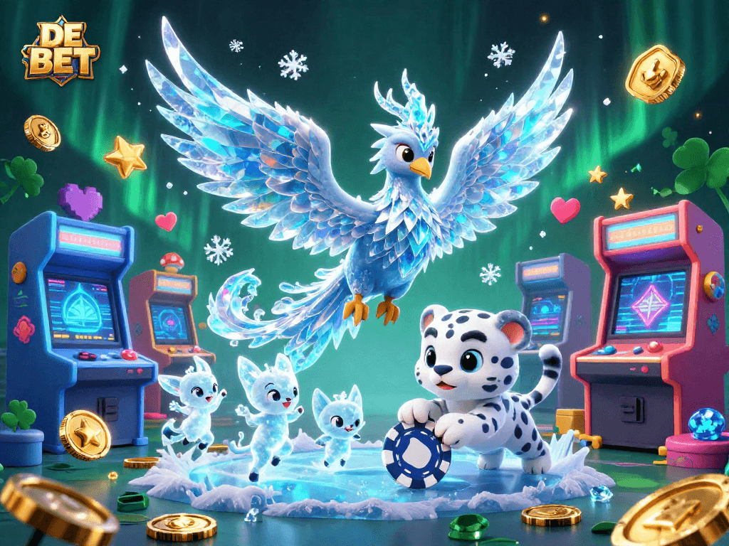 Play thrilling games at DE BET with an ice phoenix, poker cub, and dancing sprites.