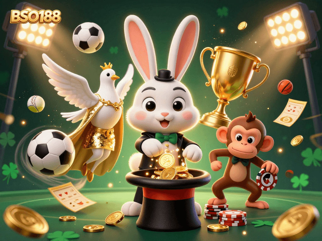 Engage with BSO188's thrilling gameplay featuring a magician rabbit, dove, and monkey amid dynamic gaming elements.