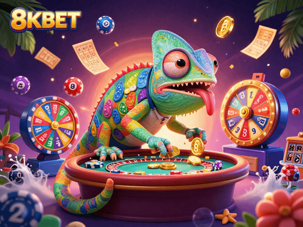 Experience the vibrant world of 8KBET with a dynamic chameleon casino owner amid colorful lottery elements.