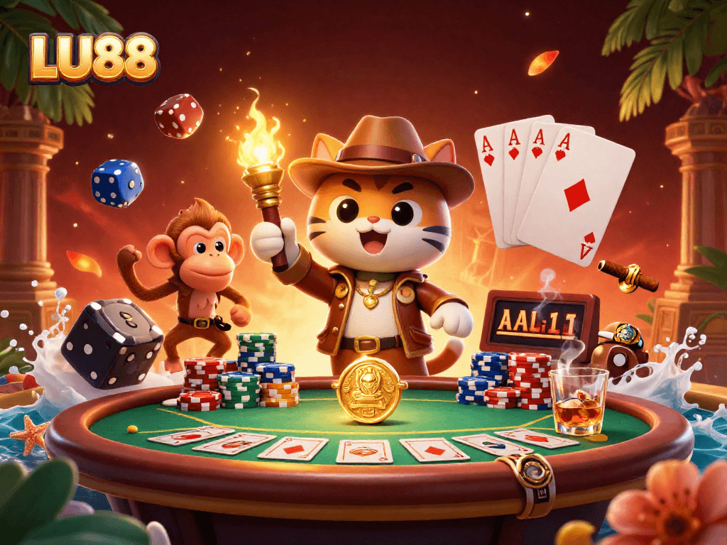 LU88 players enjoying a unique casino experience in a vibrant, dynamic environment featuring poker elements.