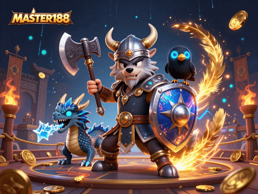 Engage with MASTER188's thrilling casino adventures featuring a Viking warrior, ice dragon, and glowing raven.