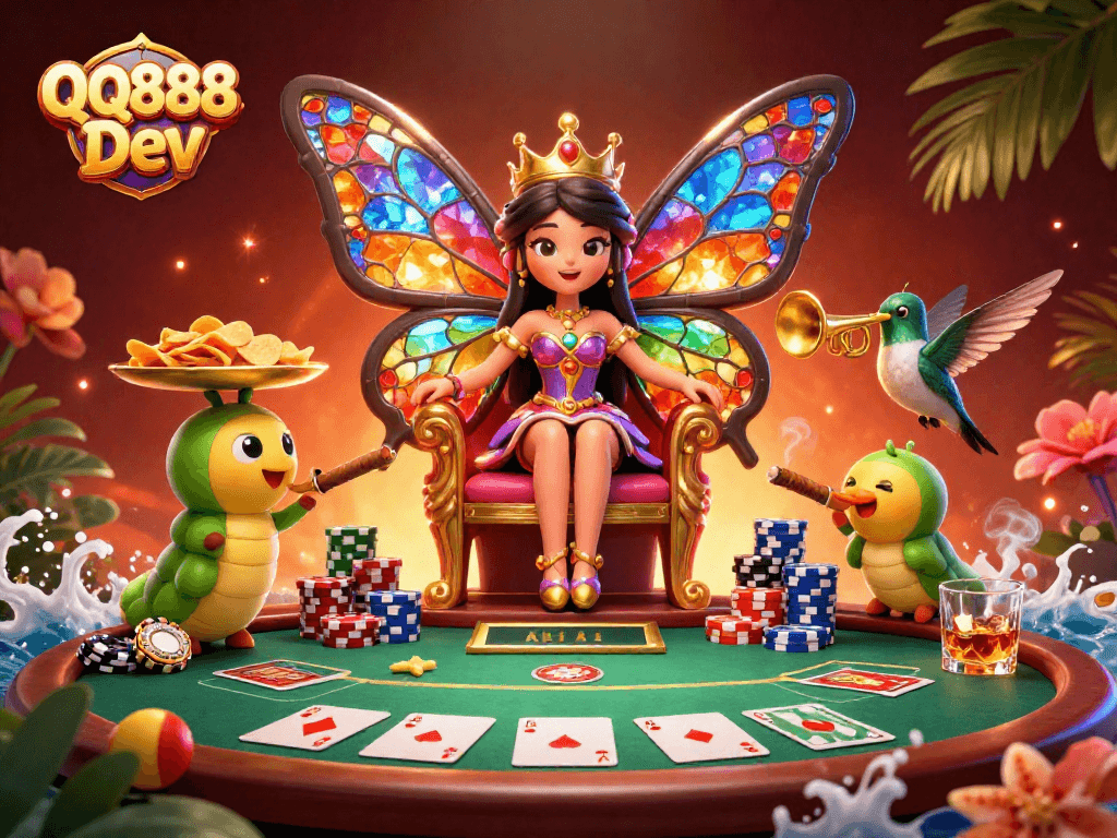 Engage with QQ888 Dev's vibrant casino world featuring a butterfly queen and poker elements.