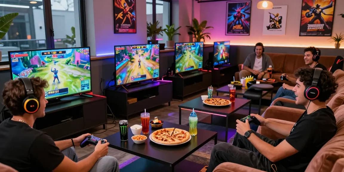 A vibrant gaming party scene featuring friends enjoying lucky77 competition with snacks and gear.