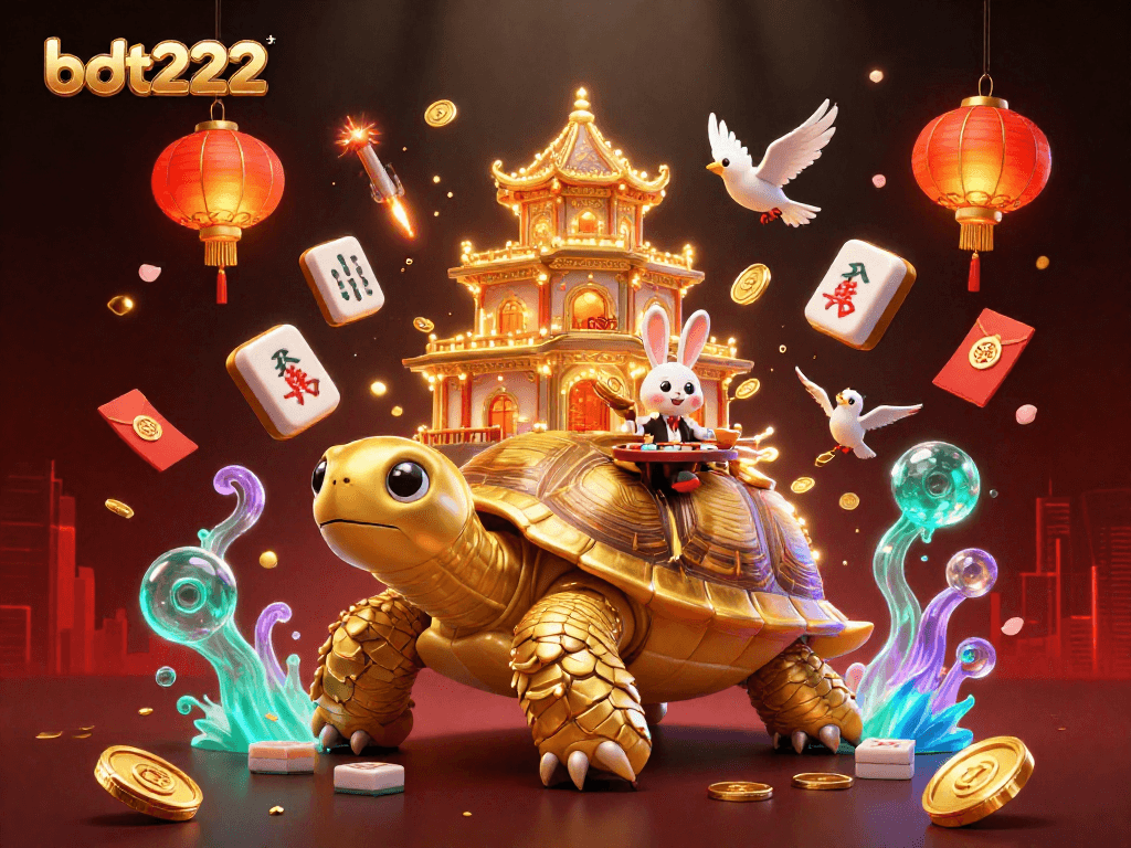 Experience the excitement of bdt222 with a vibrant casino scene featuring a golden tortoise and rabbit dealer.