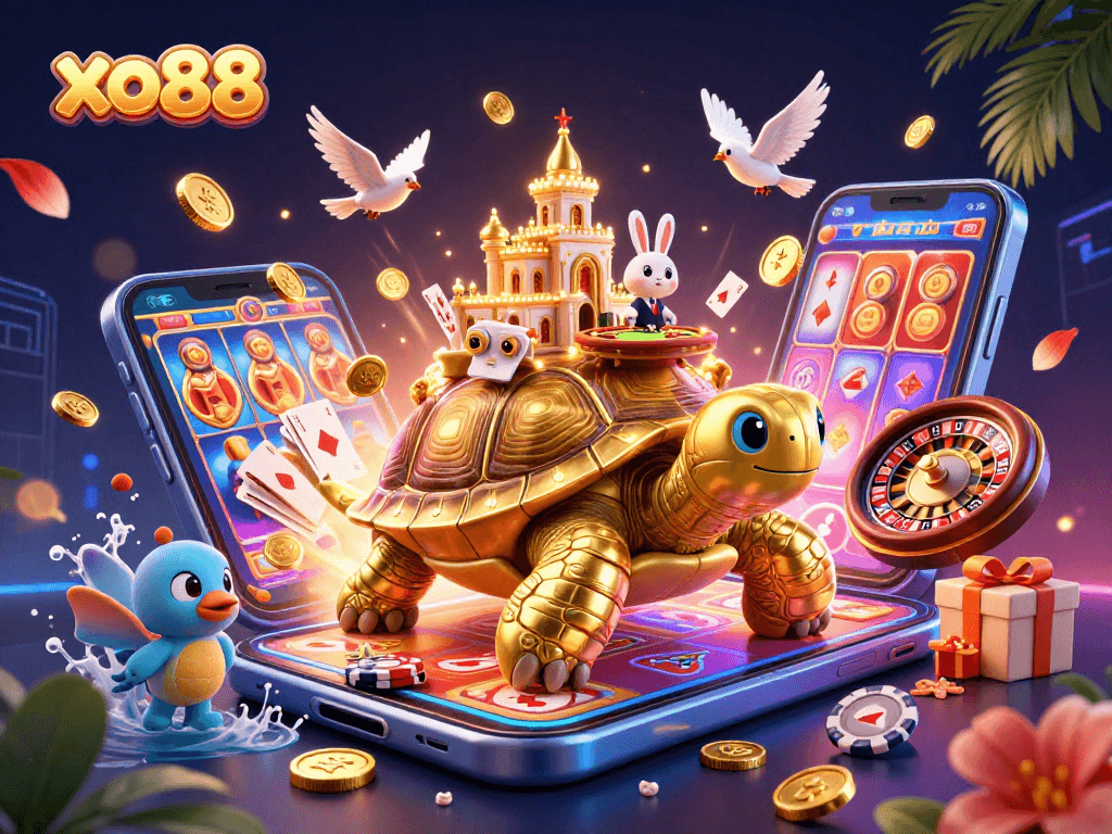 Experience thrilling wins with xo88's golden tortoise casino scene, featuring games and vibrant action.