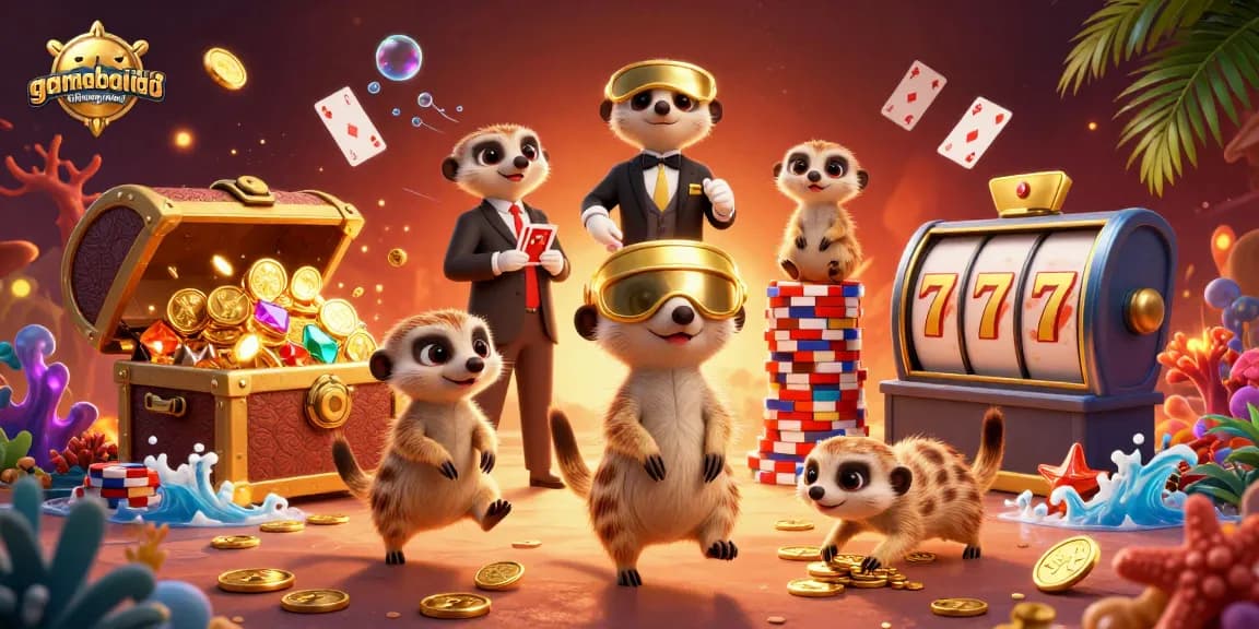Experience thrilling gameplay at gamebaidoithuongmoi with meerkats operating a vibrant casino, showcasing gold coins and animated elements.
