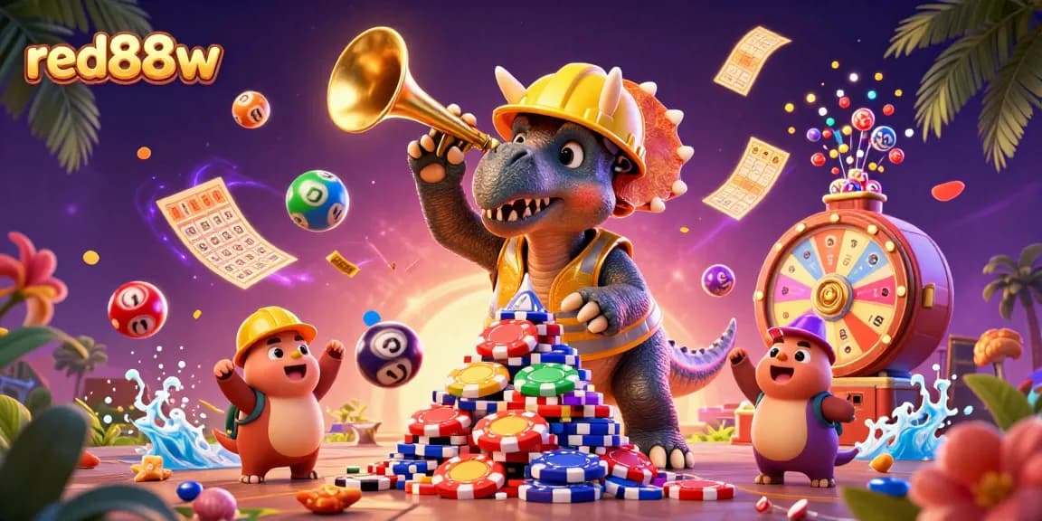 Celebrate winning at red88w with animated characters engaging in fun lottery games and vibrant casino elements.