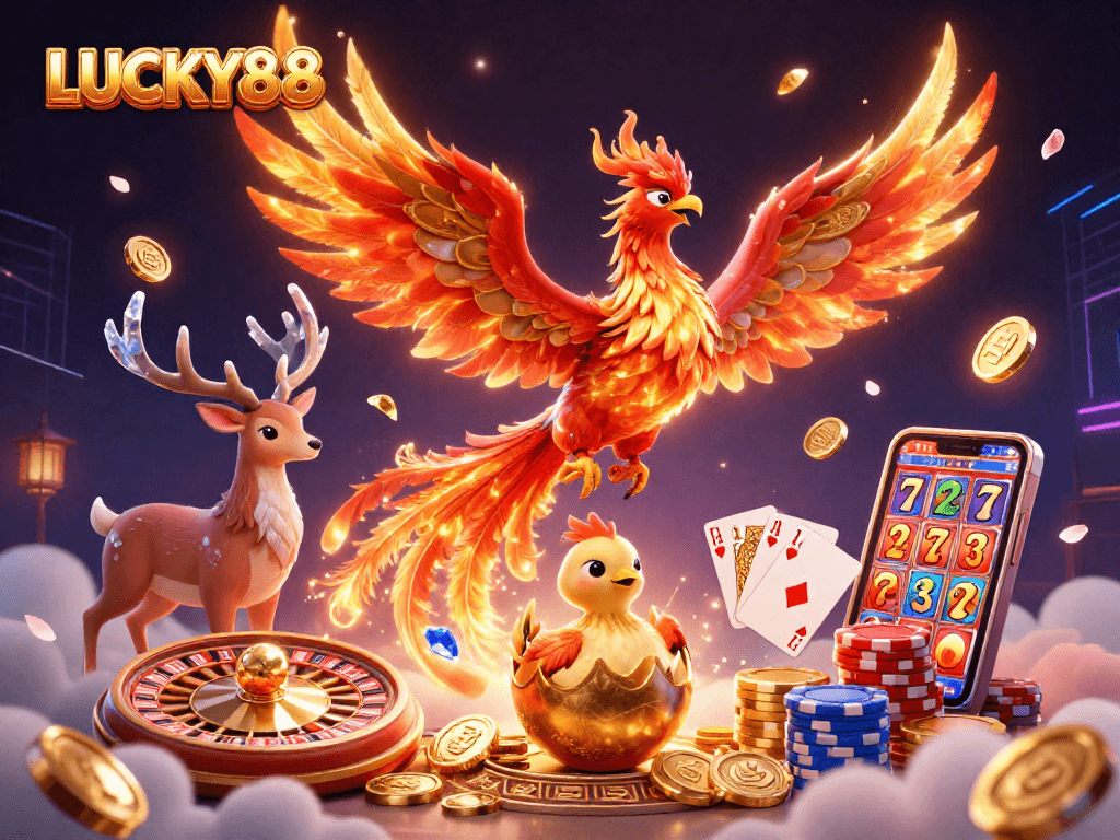 Experience the magic of LUCKY88 with a dazzling phoenix scene filled with vibrant casino elements.