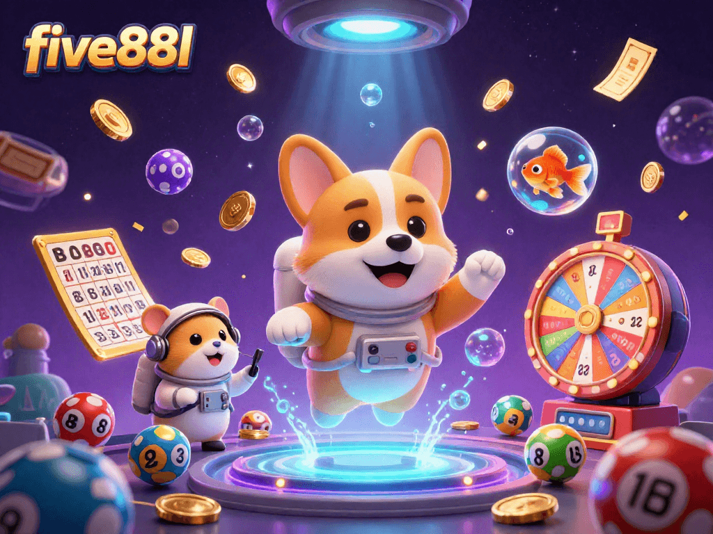 Experience the thrill of five88l as a corgi astronaut floats joyfully amidst drifting poker chips and colorful lottery balls in a vibrant space casino.
