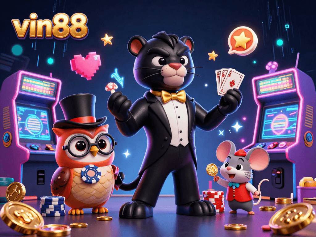vin88 creates excitement as a black panther deals cards in a vibrant casino illustration.