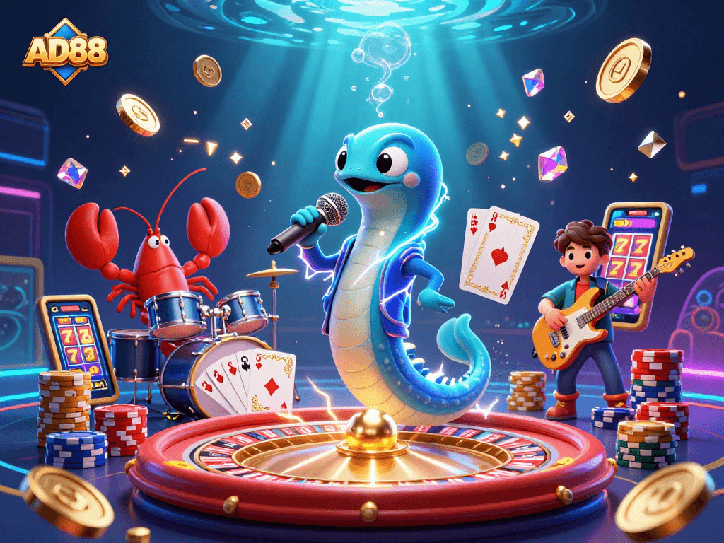 Win big with AD88 as the DJ electric eel and friends bring excitement to the underwater casino stage.