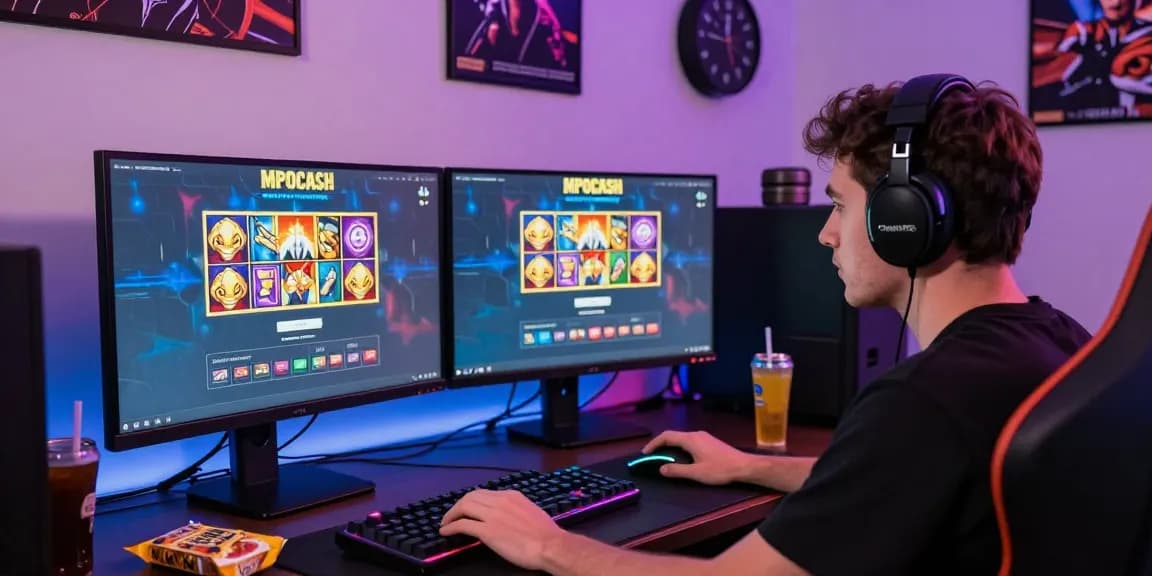MPOCASH online gaming experience showcasing a focused player with gaming setup and vibrant slot graphics.