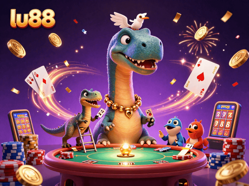 Experience excitement with lu88 as a cartoon dinosaur looms over a poker table in this vibrant casino scene.