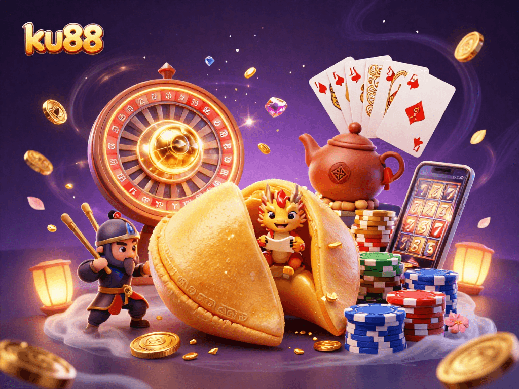 Engage with ku88 through this vibrant 3D casino scene showcasing a golden fortune cookie and dynamic gambling elements.