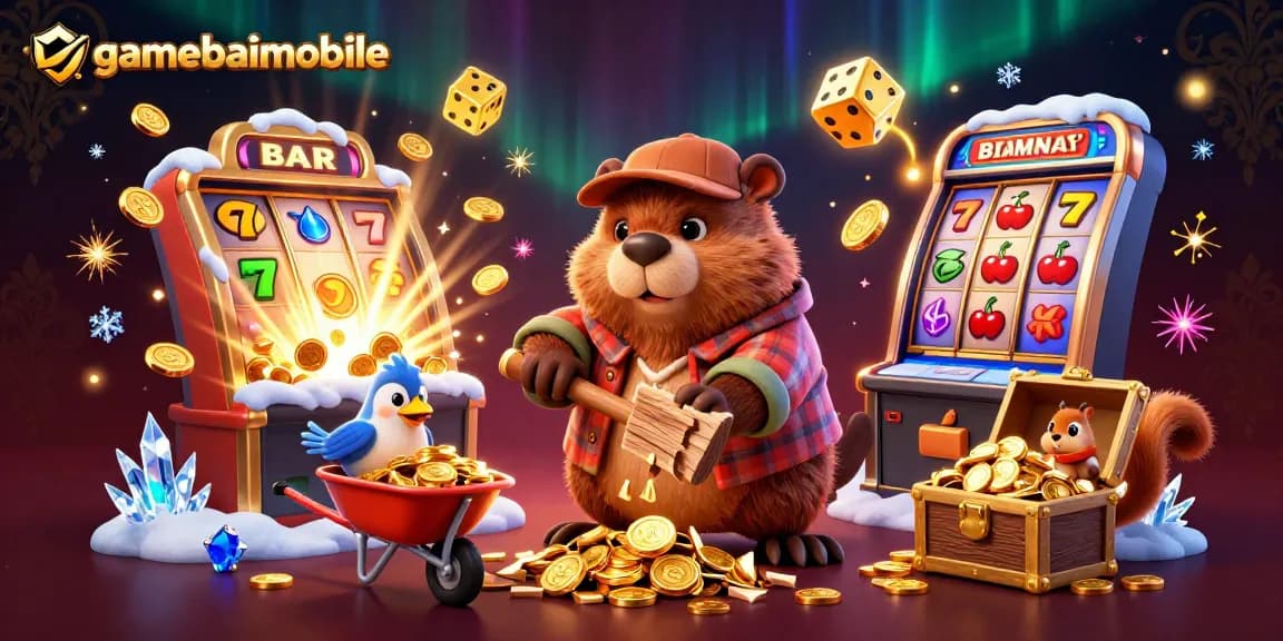 Engage with gamebaimobile's fantastic world, where a lumberjack beaver collects golden coins amidst vibrant casino action.