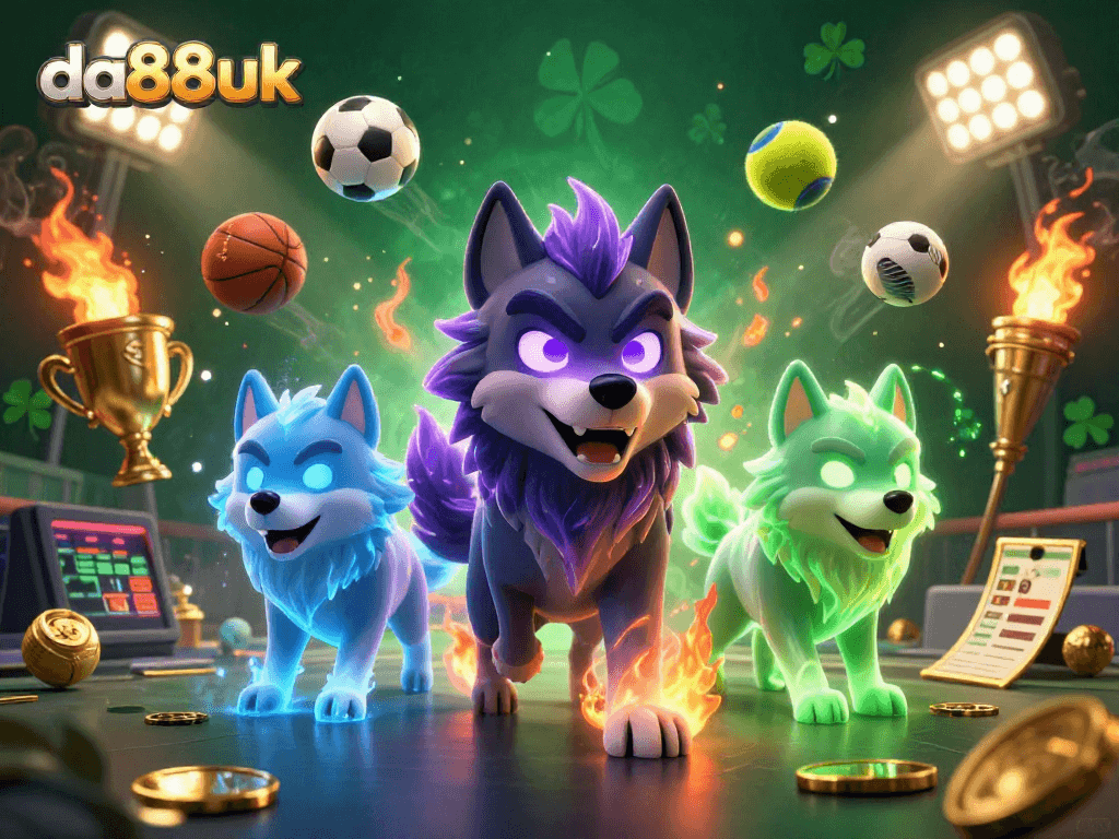 Engage in thrilling sports betting with da88uk, featuring ghostly wolves and dynamic sports elements.