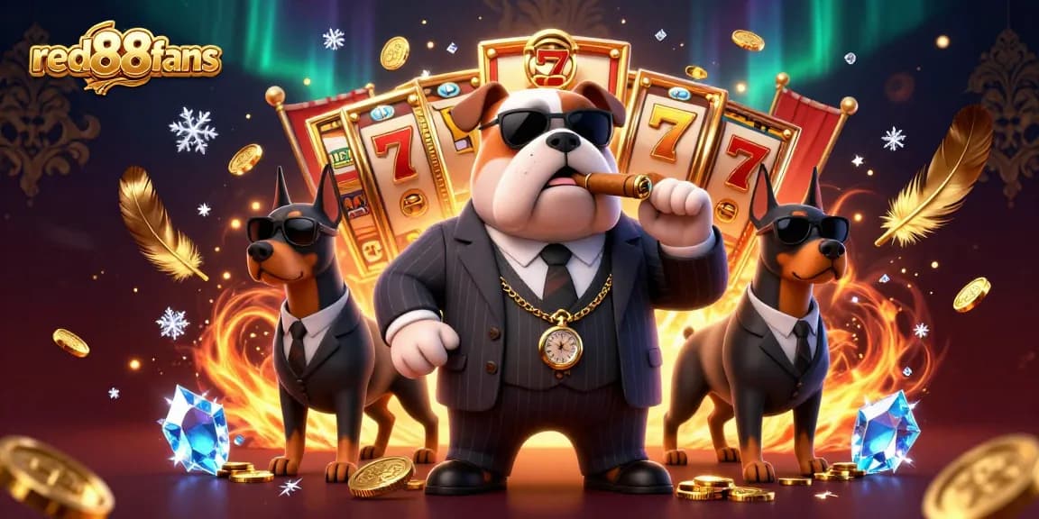 Experience thrilling gameplay with red88fans in a vibrant 3D casino illustration featuring a mafia bulldog and his Doberman bodyguards.