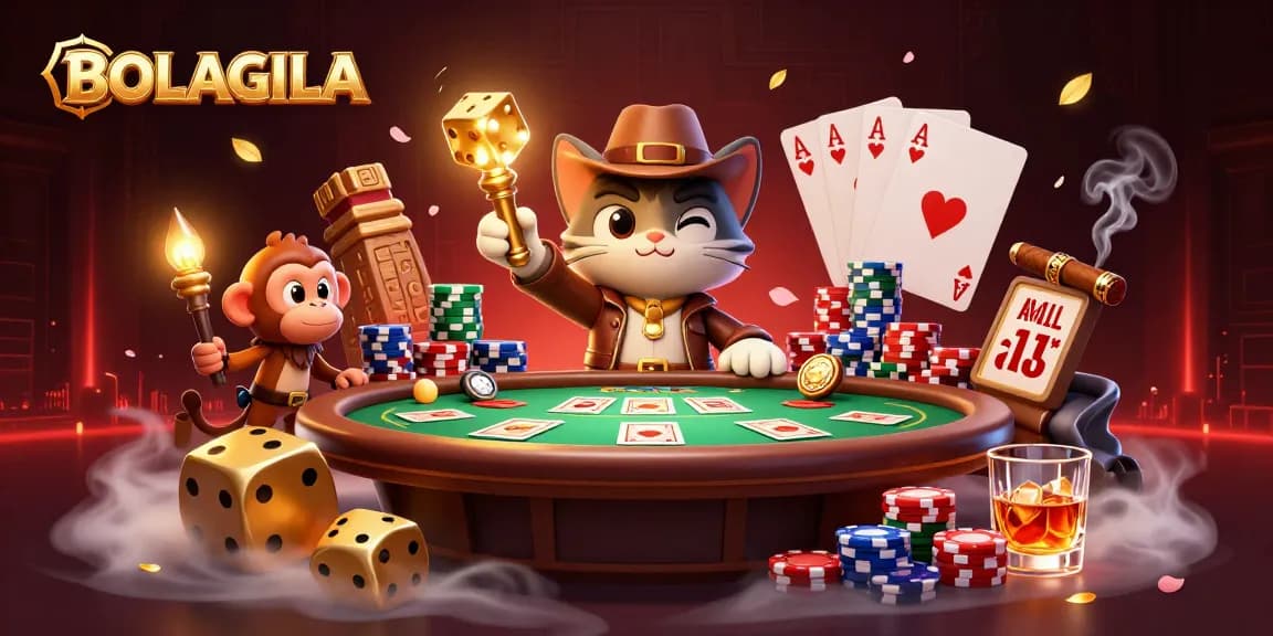 BOLAGILA showcases a vibrant 3D scene with an explorer cat and monkey at a poker table, emphasizing excitement in gaming.