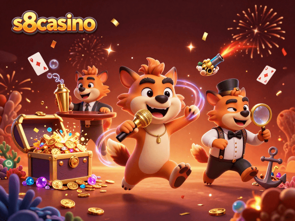 S8casino hyenas perform comedy while celebrating with casino elements in a vibrant illustration.