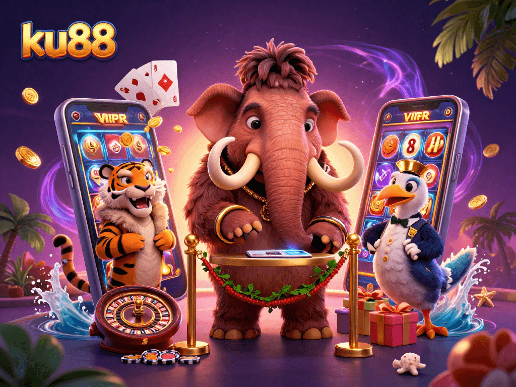 Experience entertainment at ku88 with a whimsical casino scene featuring unique characters.