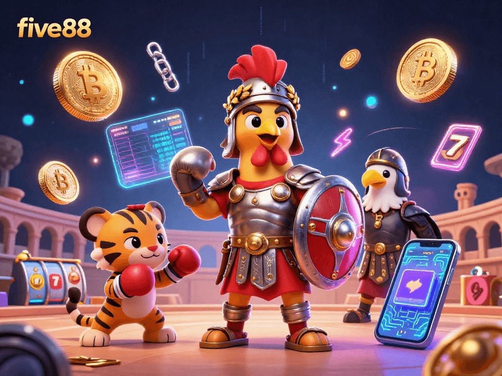 Experience five88's thrilling slots with gladiators and crypto elements in a spectacular 3D casino scene.