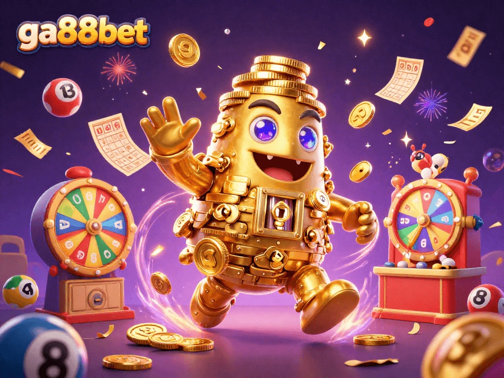 Join the excitement at ga88bet with a dynamic 3D casino scene featuring vibrant lottery elements.