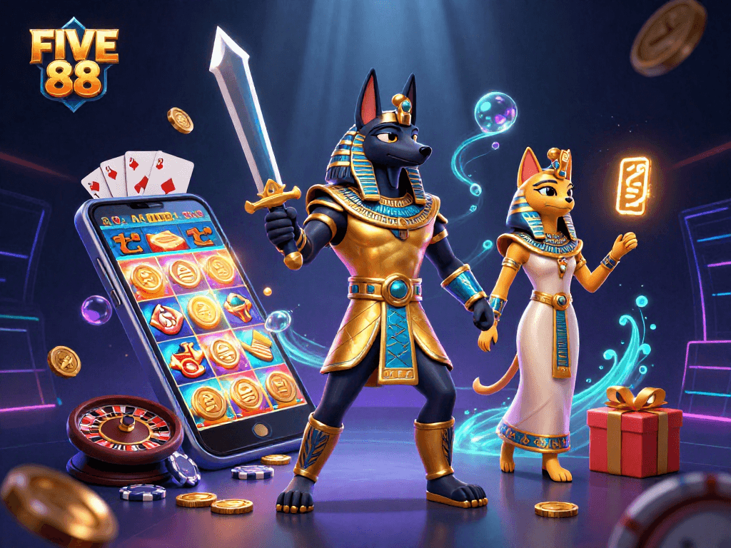 Engage with the thrilling world of gambling at FIVE 88 featuring Anubis and Bastet amid vibrant gaming elements.
