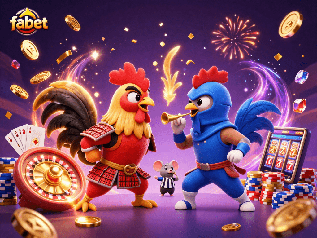Fabet offers thrilling action with cartoon fighting roosters amidst gold coins and casino games.