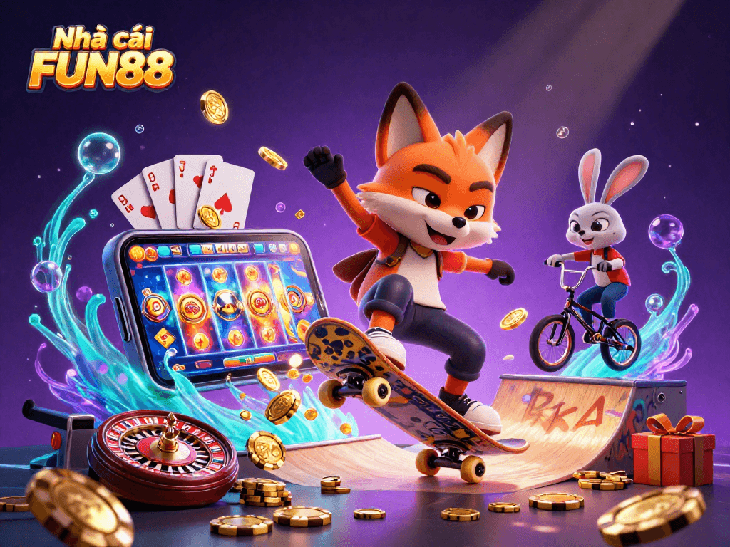 Engage with Nhà cái FUN88's vibrant casino scene featuring high-energy gaming characters.