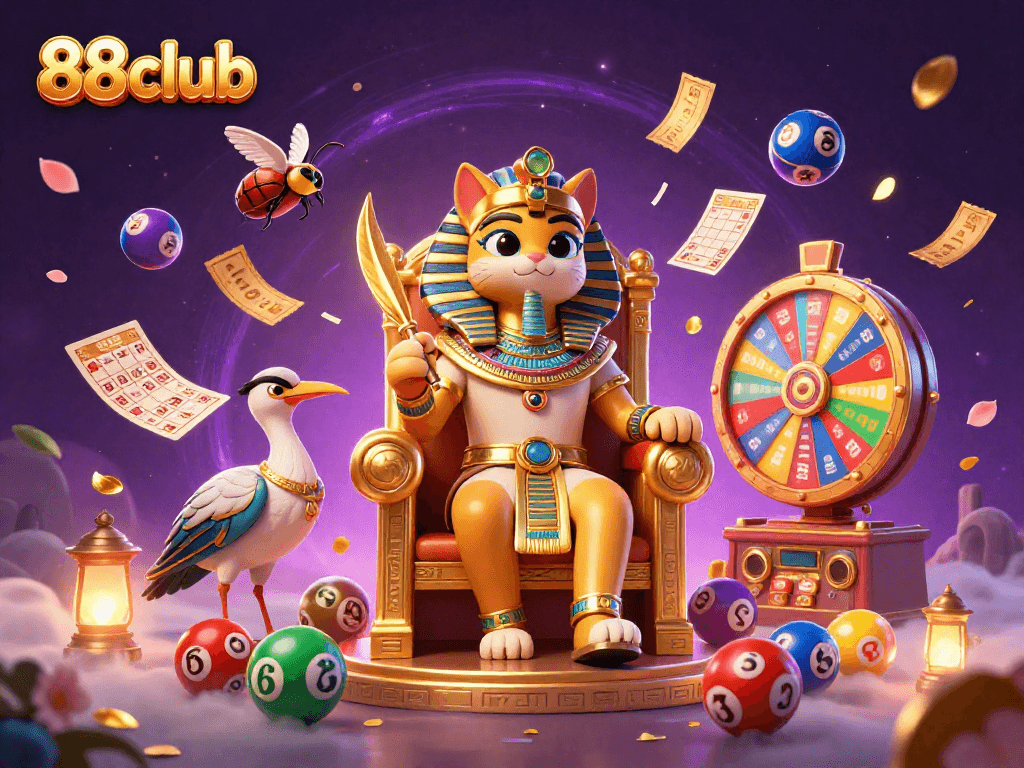 Experience the vibrant energy of 88club with colorful elements and dynamic gaming action in an illustrated scene.