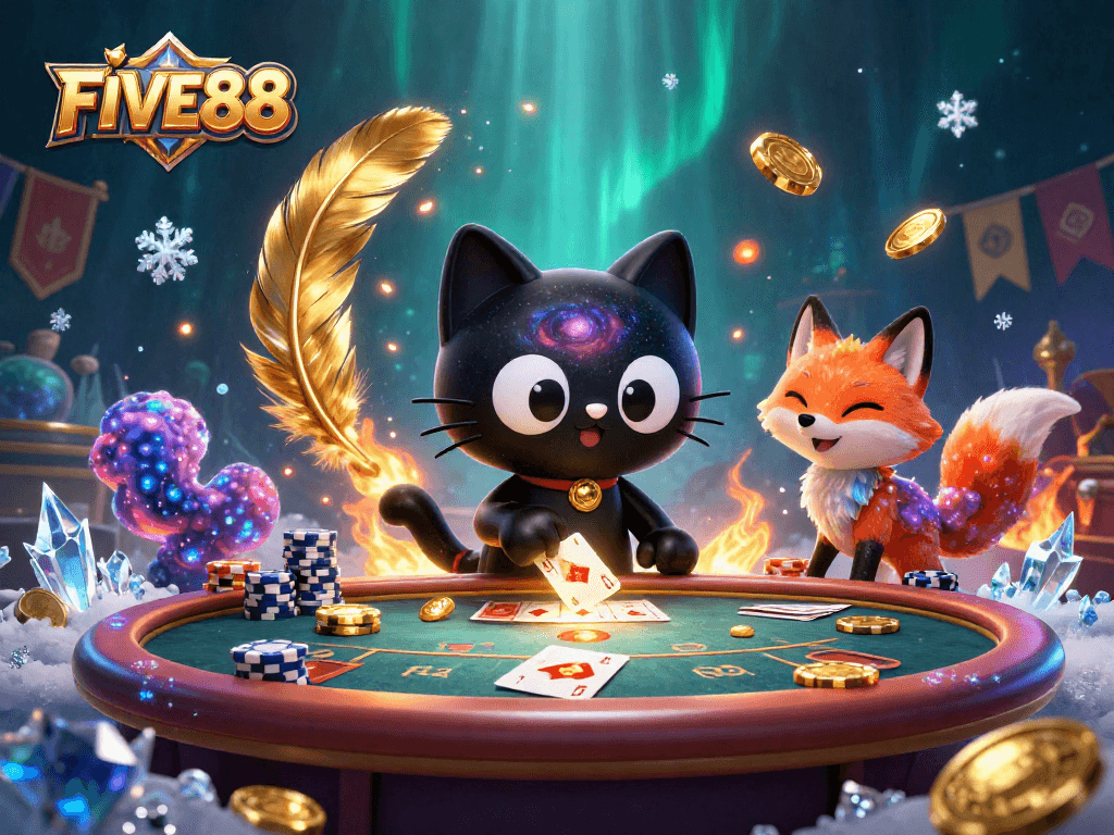 Engage in thrilling poker action at FIVE88 with captivating cosmic characters attracting golden chips.