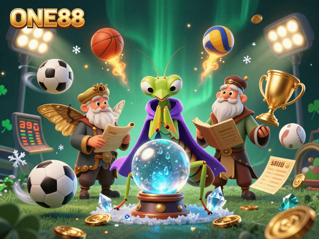 ONE88's vibrant gambling scene features a fortune teller and sports elements swirling in excitement.