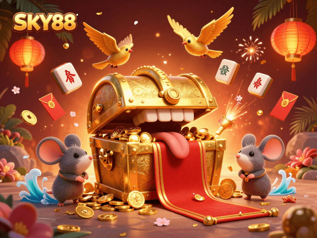 Experience winning strategies at SKY88 with a vibrant, 3D treasure-filled casino scene.