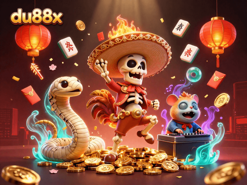 Experience winning vibes at du88x with a festive scene of dancing characters and golden coins.