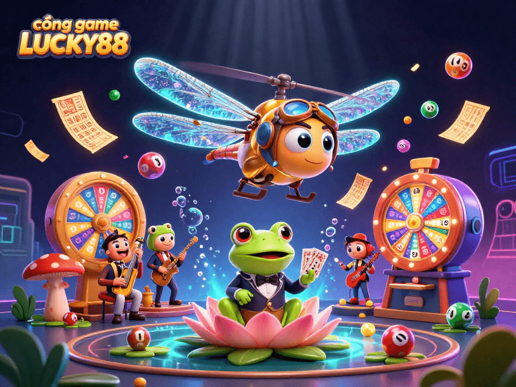 Cổng game LUCKY88 captivating a lively casino scene with dynamic lottery elements and animated characters.