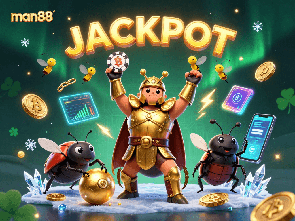 Experience the excitement at man88 with a victorious beetle character lifting a poker chip in a vibrant casino atmosphere.