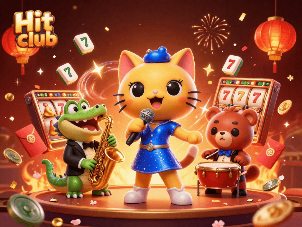 Exciting gaming scene at Hit club featuring a jazz-singer cat, saxophone crocodile, and drum-playing bear.