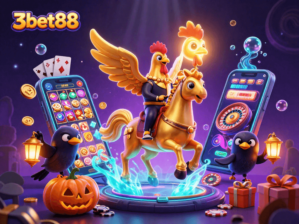 Experience the excitement of 3bet88 with a golden rooster and spectral horse in a vibrant casino scene.