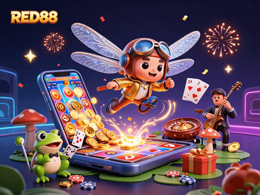 RED88 dragonfly pilot in a casino scene, showcasing lively gaming with cards and coins.