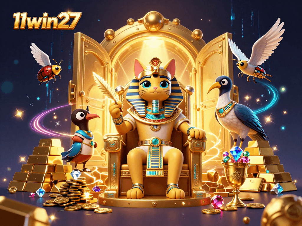 Engage in thrilling gameplay with 11win27's vibrant Egyptian-themed casino illustration featuring rich treasures.