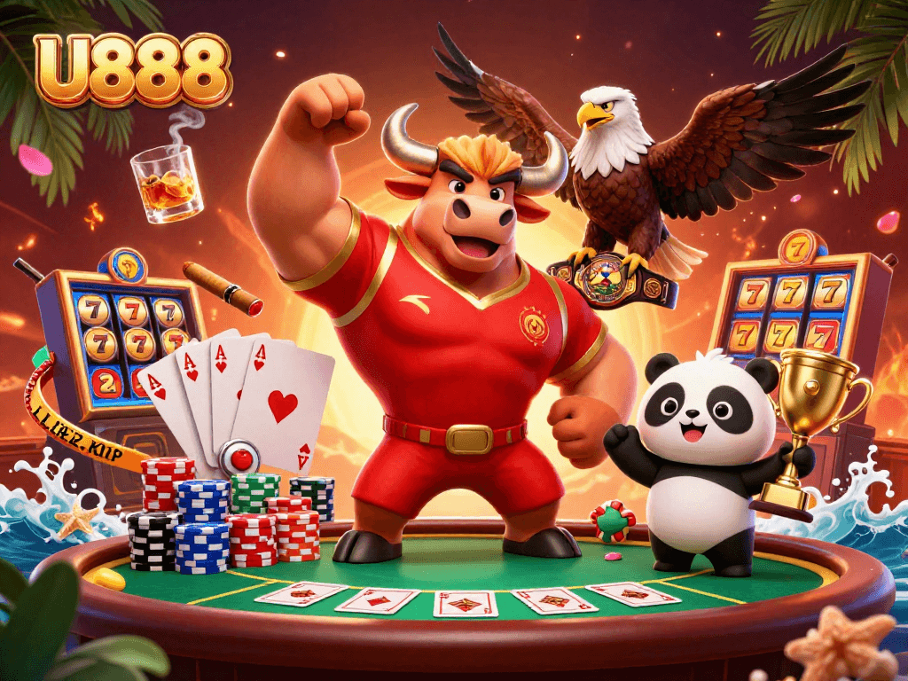 Experience the excitement at U888 with a vibrant 3D scene showcasing casino characters and poker elements.