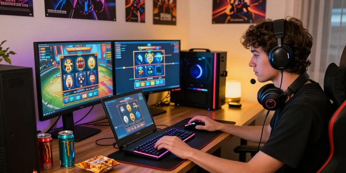 Online gamer engaged on laptop at a vibrant, illuminated gaming setup, featuring slots from https://www.benmillerband.com/.