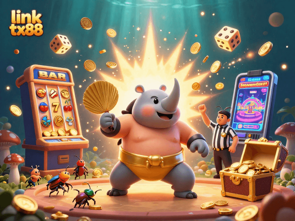 Join the excitement of link tx88 as the beetle champion stomps and coins fly in a vibrant casino scene.