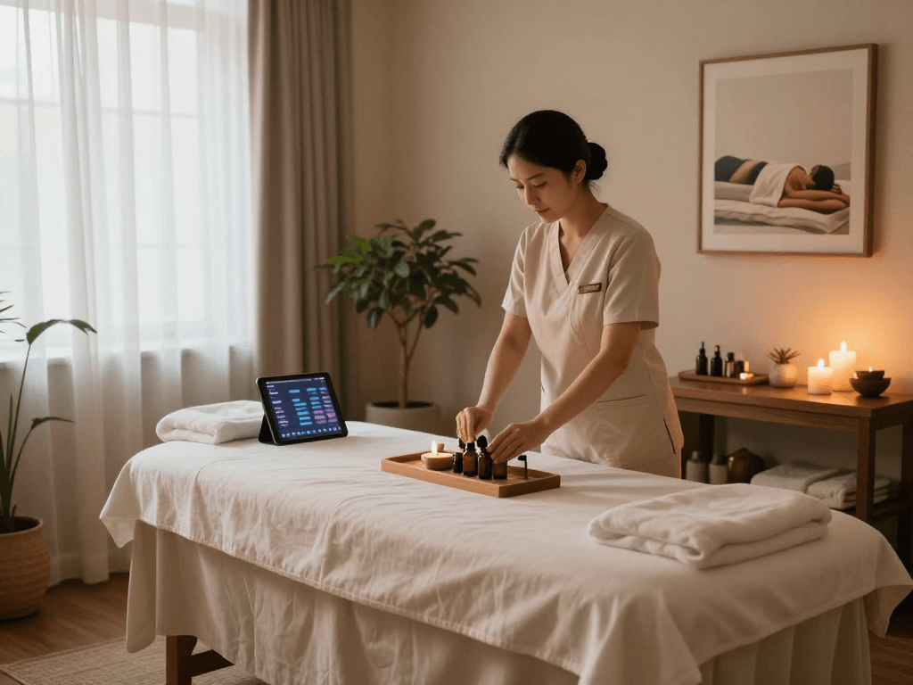 Relaxing spa massage therapy room setting for 안산출장안마.