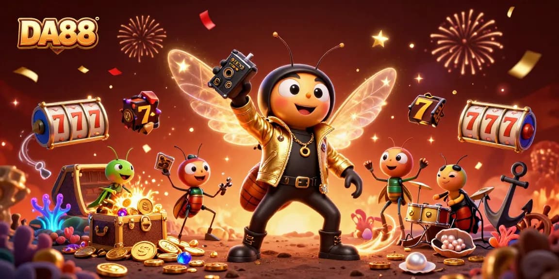 DA88's vibrant casino scene showcases a cicada rock star with slot reels and fireworks.