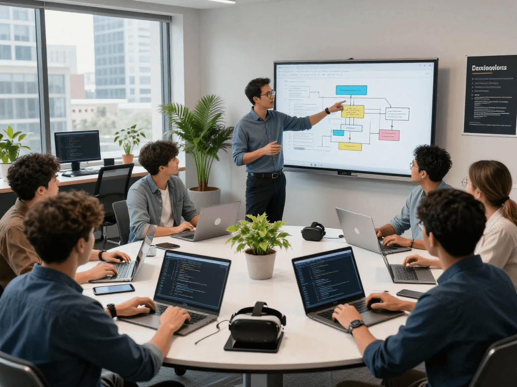 Best software development company in Nigeria collaborating in a vibrant tech workspace, showcasing innovative coding and teamwork