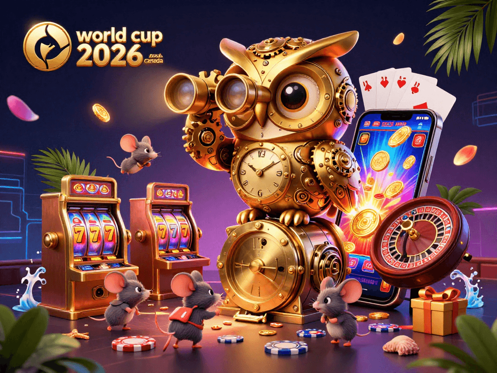 Engage with world cup 2026 canada-themed casino illustration featuring a dynamic owl, slot games, and vibrant decorations.
