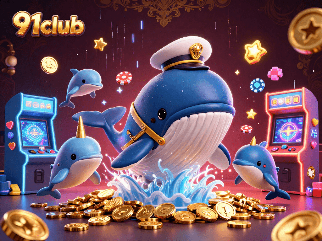 Engage with 91club's vibrant 3D illustration showcasing a whale and dolphins amidst colorful casino elements.